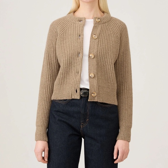SUNSPEL Women's Ribbed Crew Neck Cardigan Mink (Tan) Size XS S M L